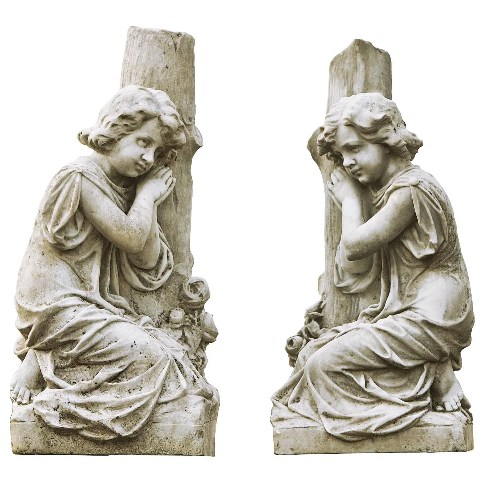 Pair of Continental, Probably French Sculpted White Marble Models of Kneeling C