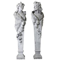 Pair of Sculpted Marble Herm Figures Representing Bacchus and a Bacchante