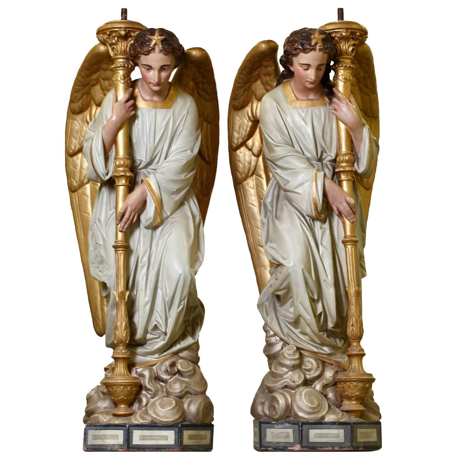 Impressive Pair of French Terracotta Figural Torcheres Modelled as Angels