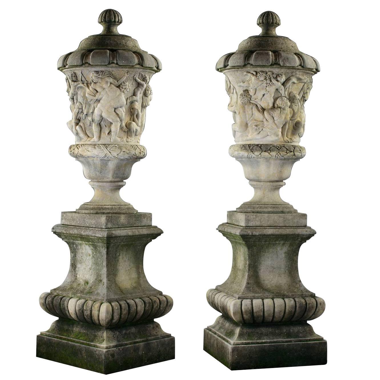 Pair of Large Italian Sculpted Stone Lidded Urns
