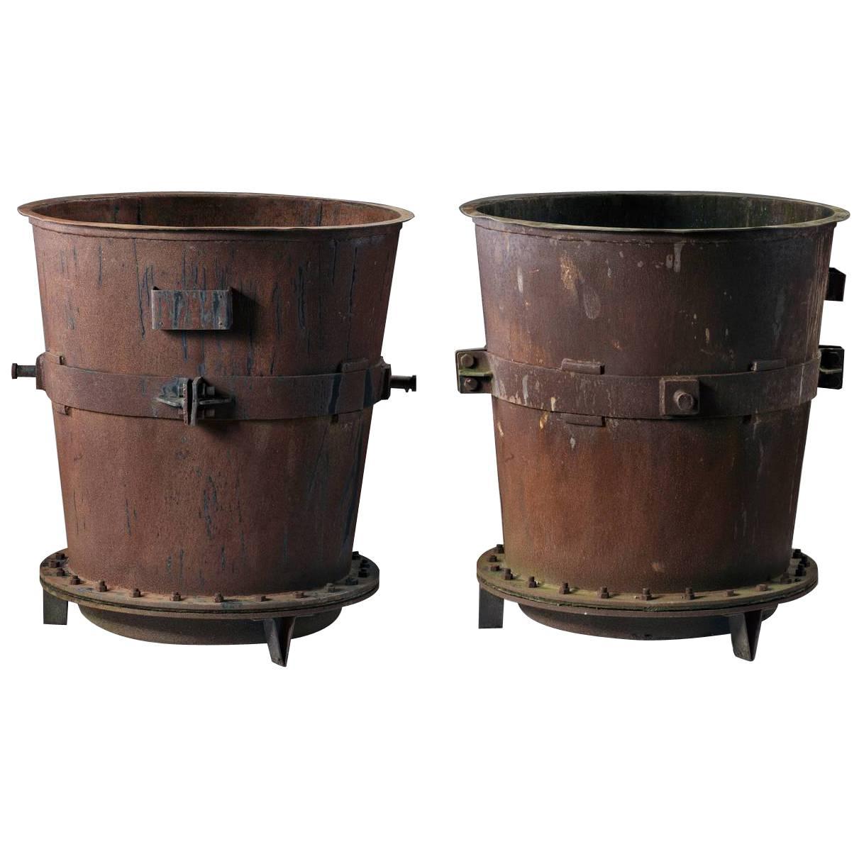 Pair of Large Wrought and Sheet Iron Industrial Vats, Now Utilized as Planters