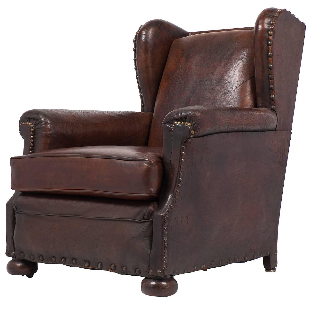 French Vintage Wingback Leather Club Chair