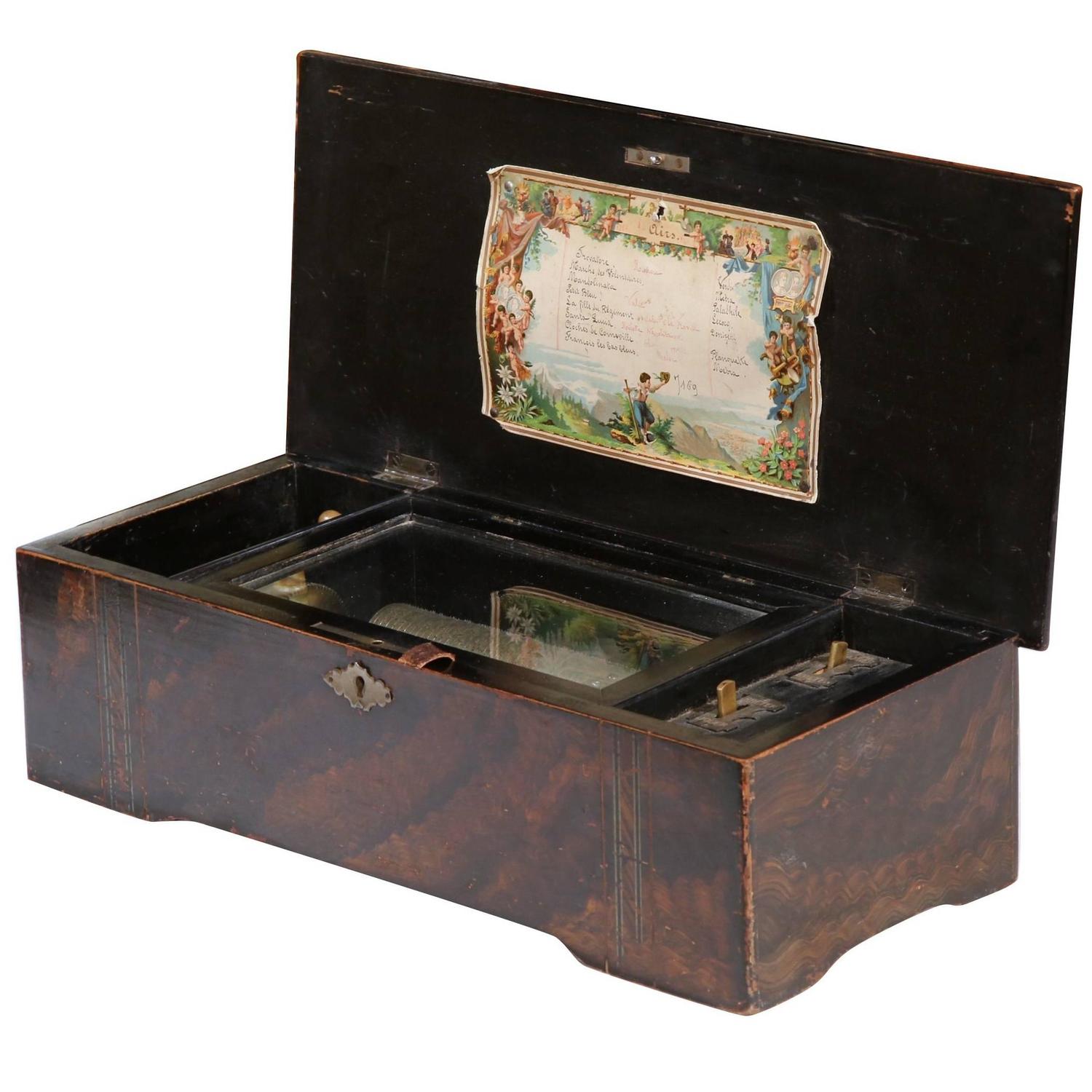 Antique 1920 1930 Swiss Six Tune Cylinder Music Box Rosewood For