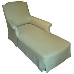 Vintage Chaise Longue Newly Upholstered in Celadon Linen