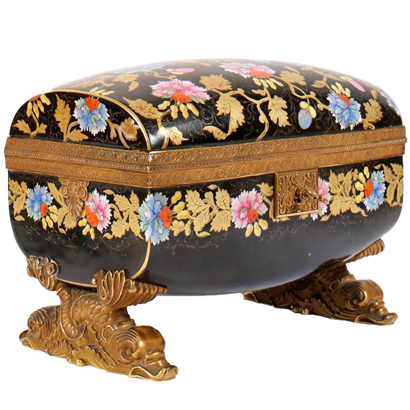 Faux Cloisonné Bronze-Mounted Painted Floral Porcelain Box with Key