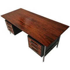 Midcentury Rosewood and Chrome Desk with Leather Handles