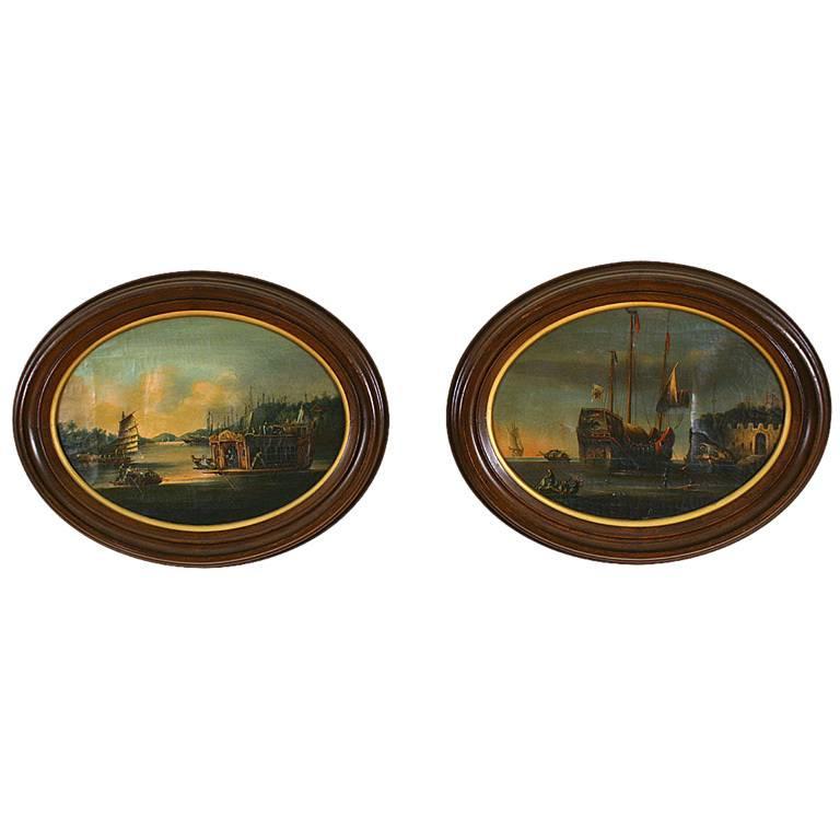 Pair of Anglo-Chinese School Oils on Canvas, Harbor Scenes