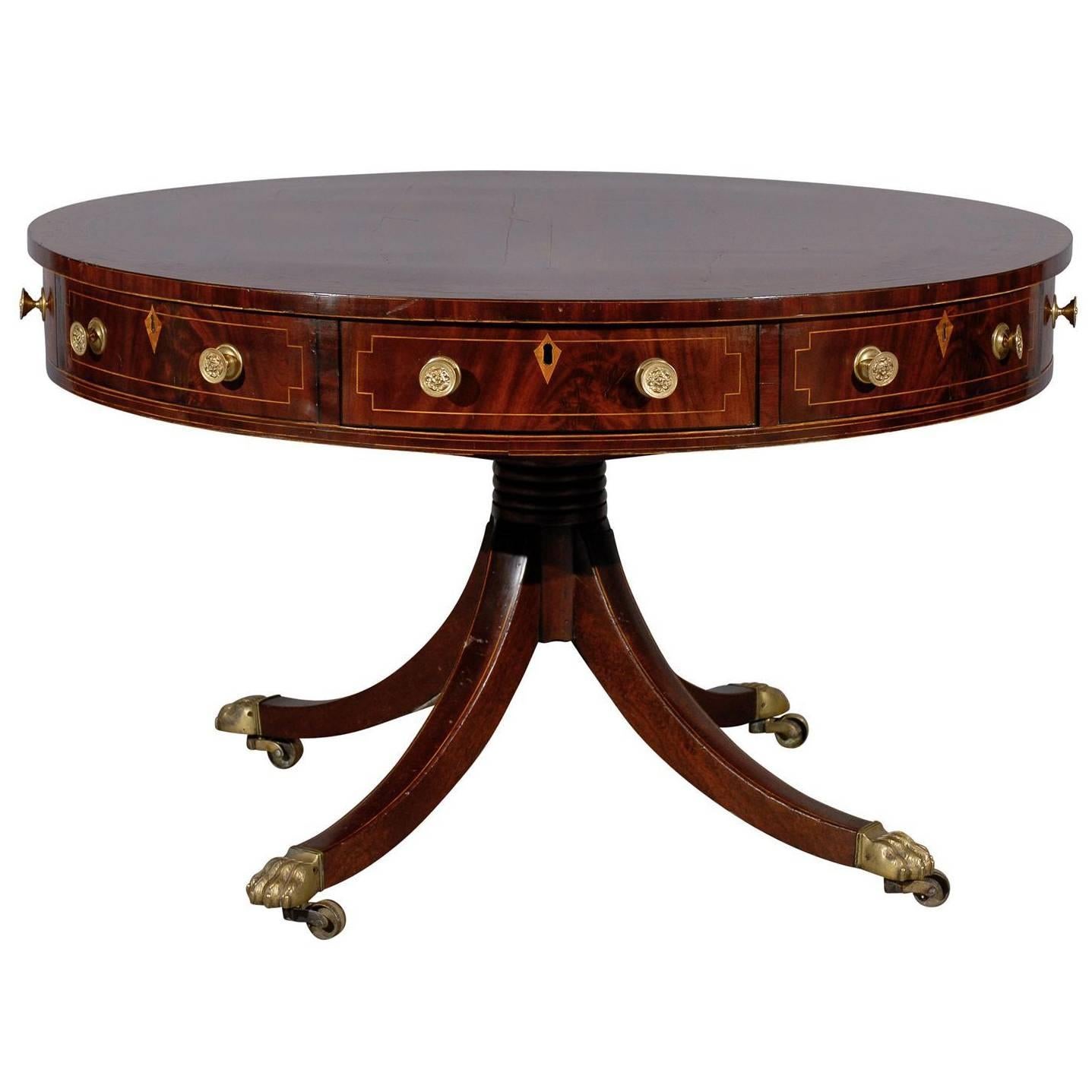 19th Century English Mahogany Rent Table with Inlay and Brass Castors