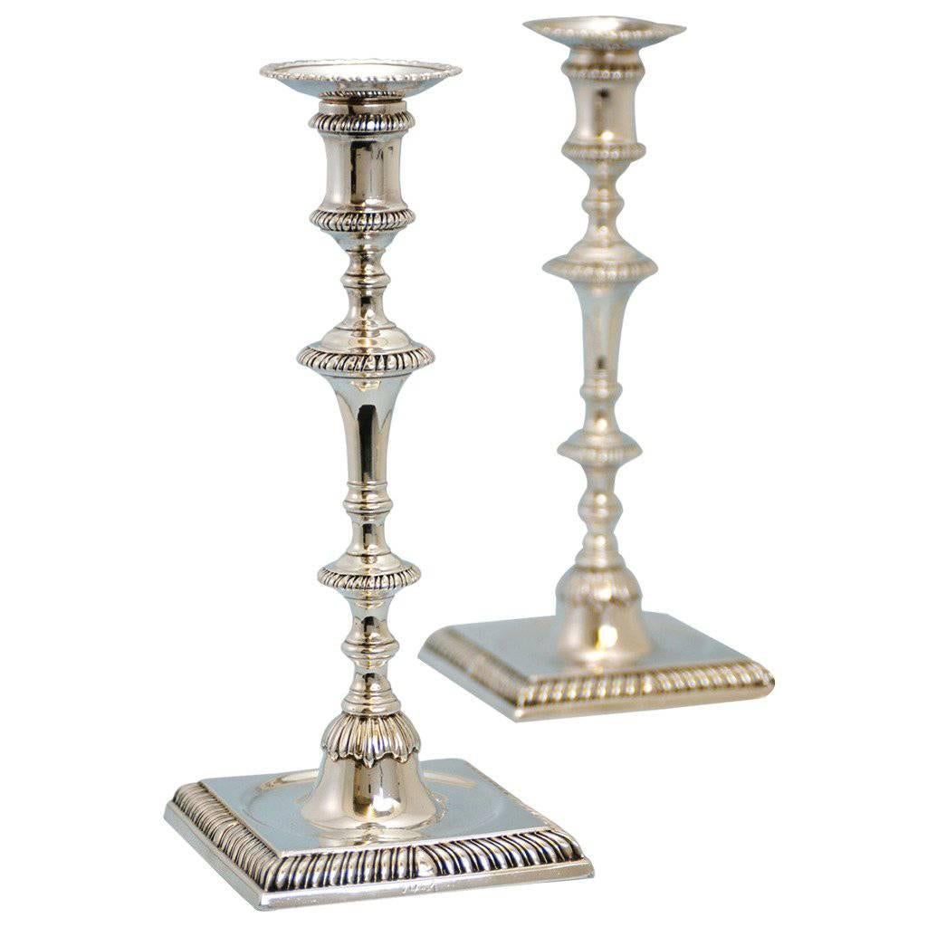 Pair of George III Sterling Silver, Sunk Centre Candlesticks by Ebenezer Coker For Sale
