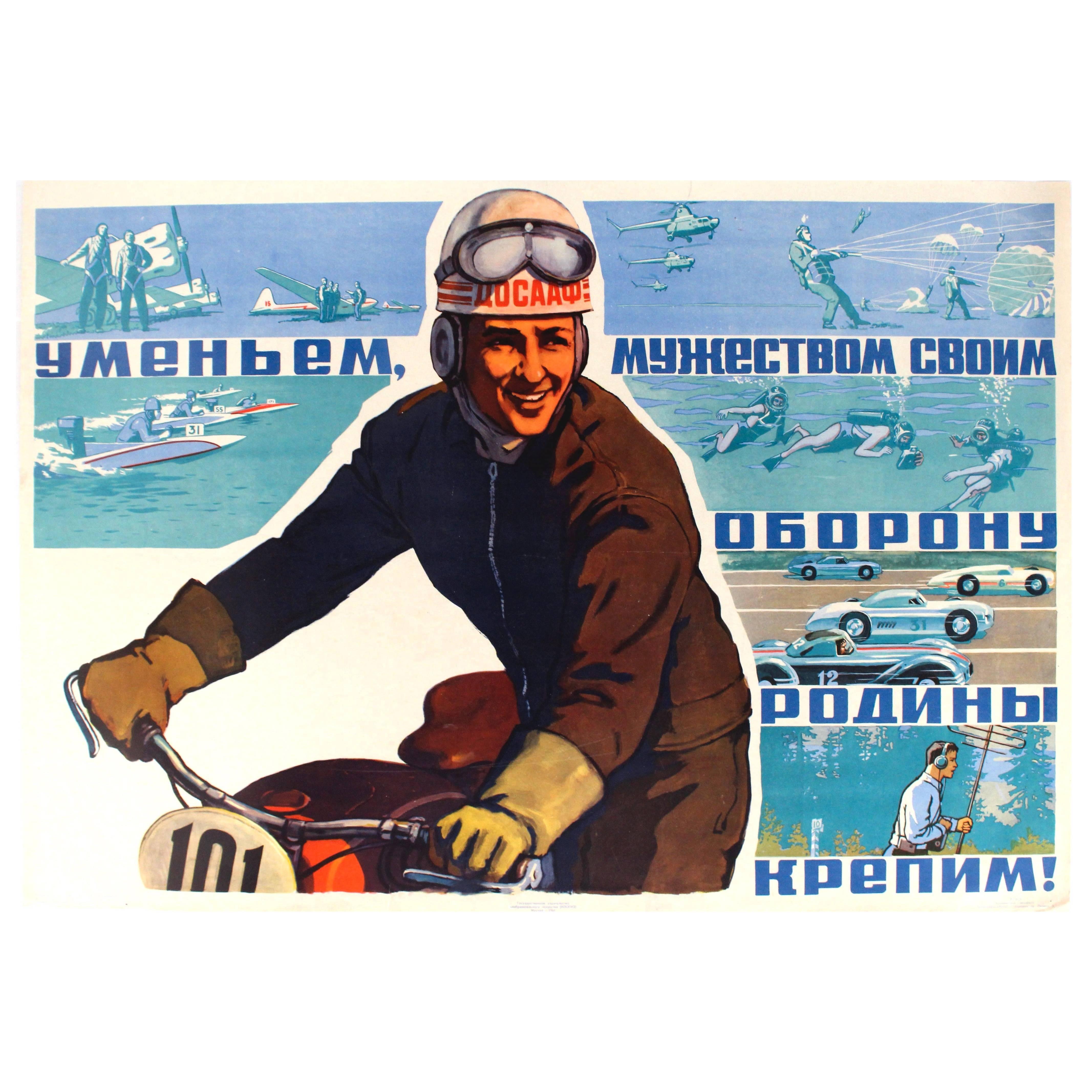 Affiche sportive rétro originale soviétique présentant des courses de voitures et des sauts en parachute
