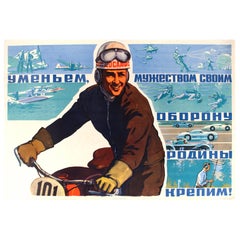 Original Vintage Soviet Sports Poster Featuring Car Racing, Parachute Jumping