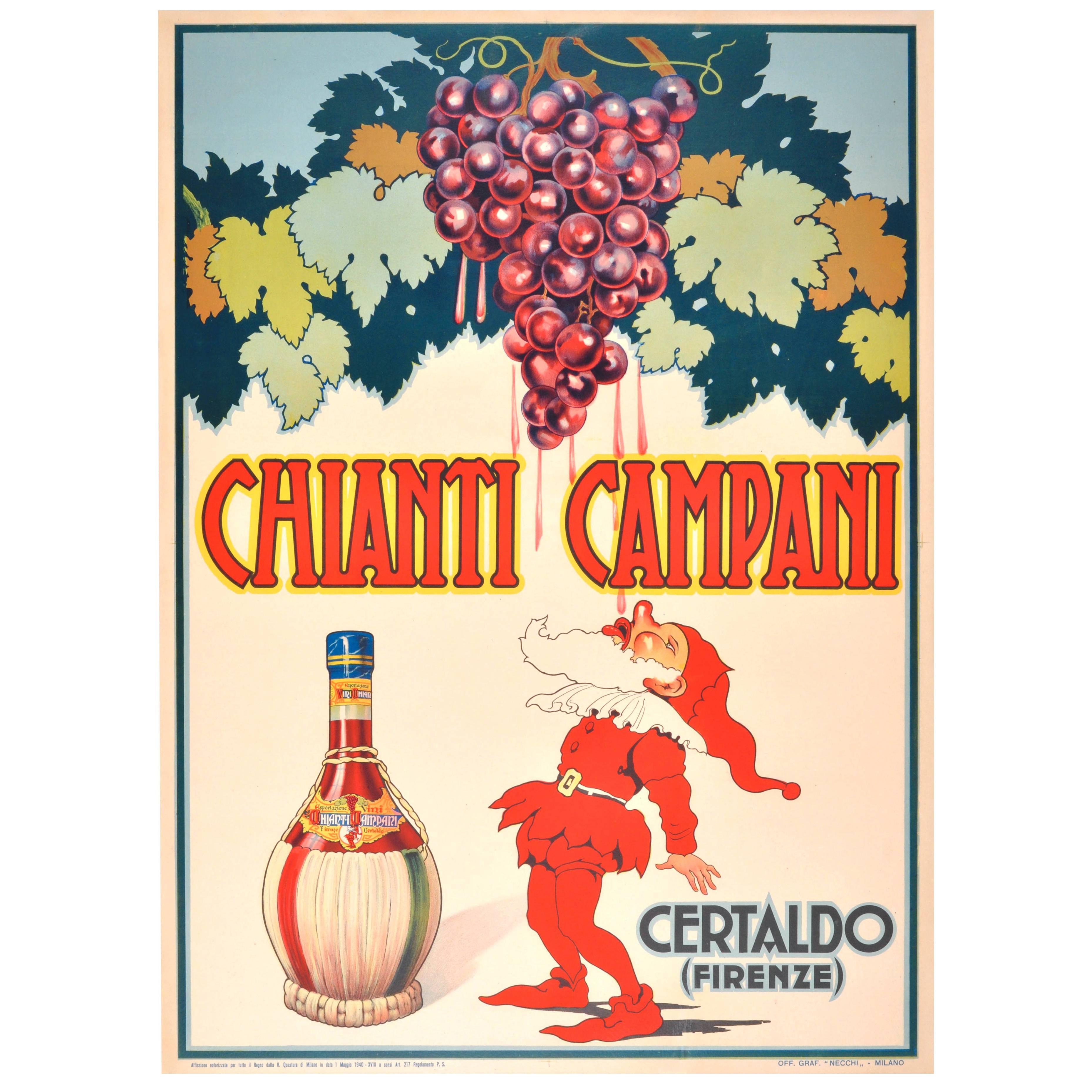 Original Vintage 1940 Drink Advertising Poster Chianti Campani Italian Red Wine