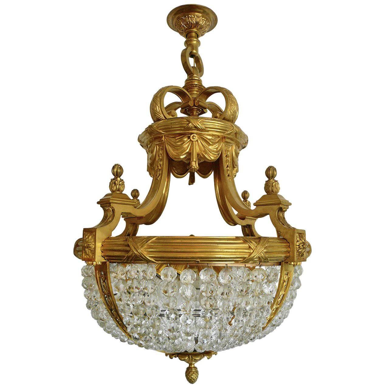 Gilt Bronze and Crystal Bead Eight-Light Chandelier by E.F. Caldwell