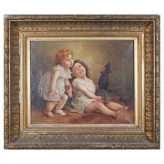Antique Wonderful Framed American Oil Painting on Canvas of Two Girls Playing