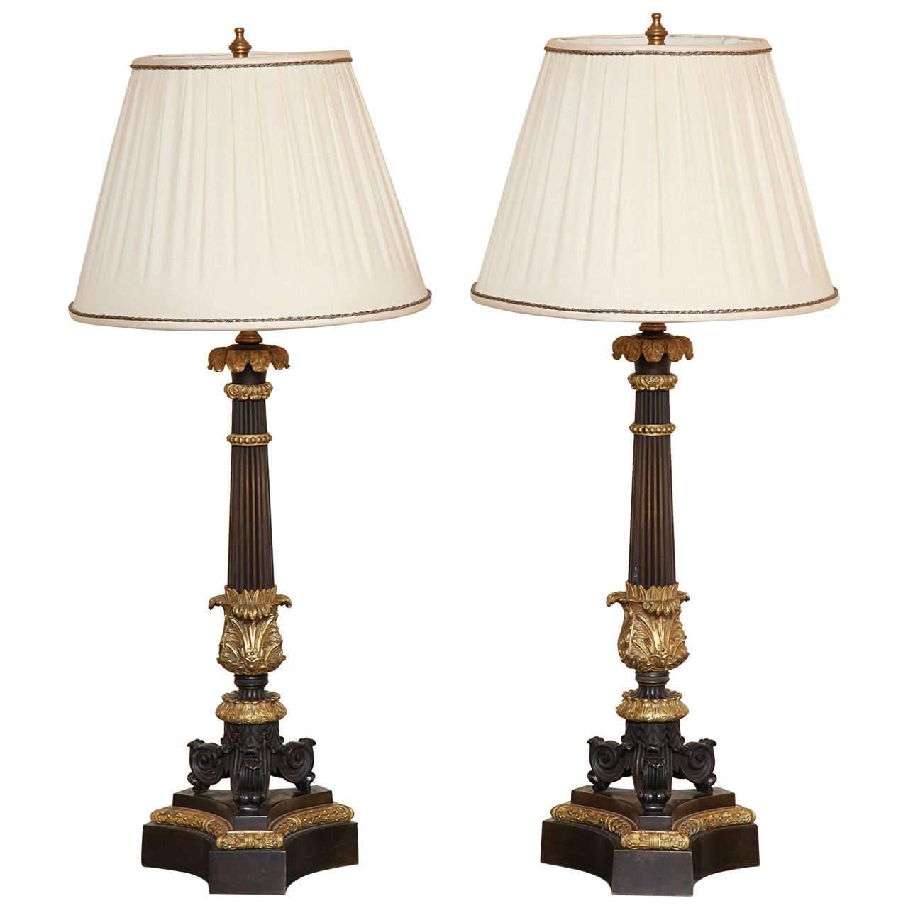 Pair of Charles X Ormolu and Bronze Candelabra Lamps For Sale