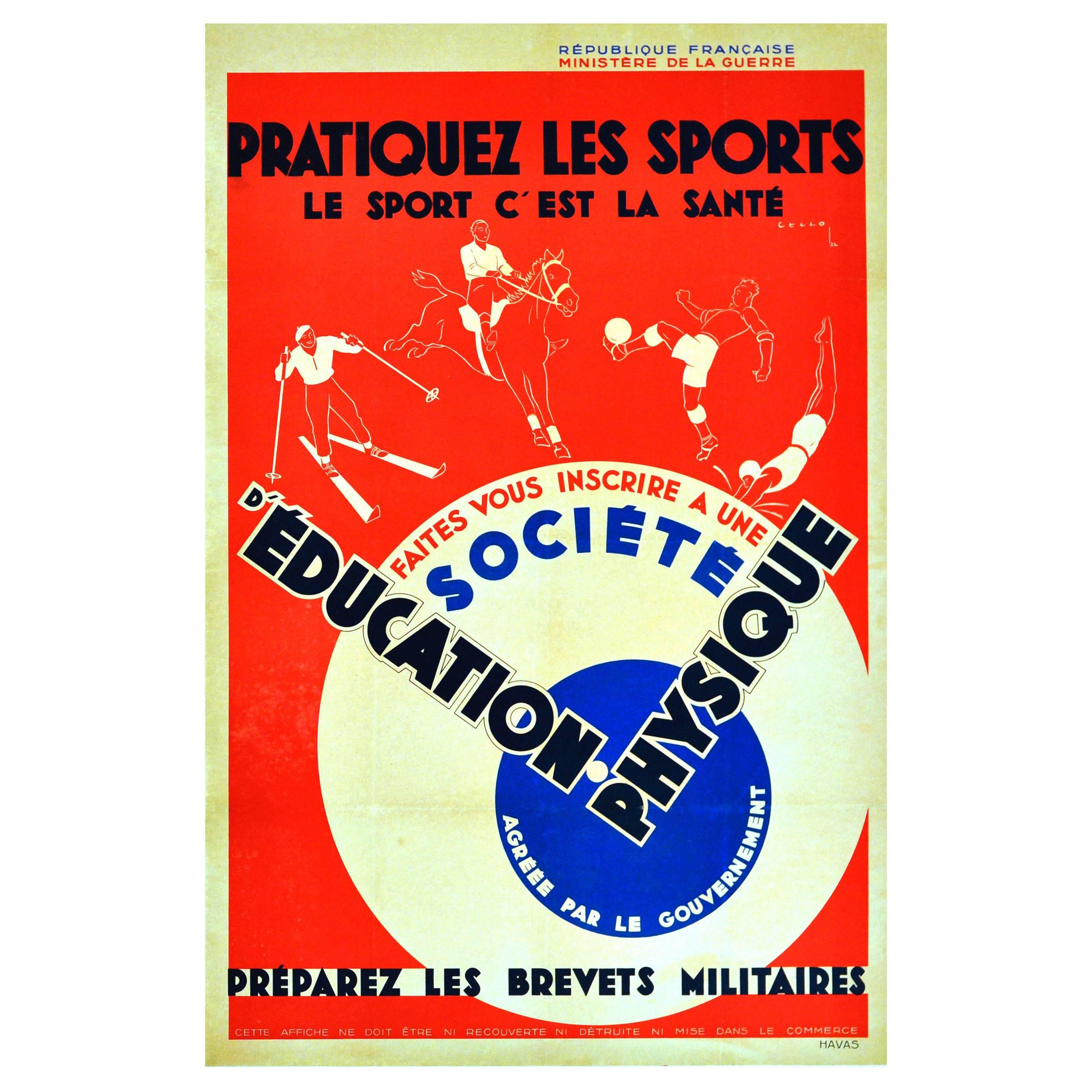 Original 1932 Art Deco Sport Poster, Skiing, Horse Riding, Football, Swimming