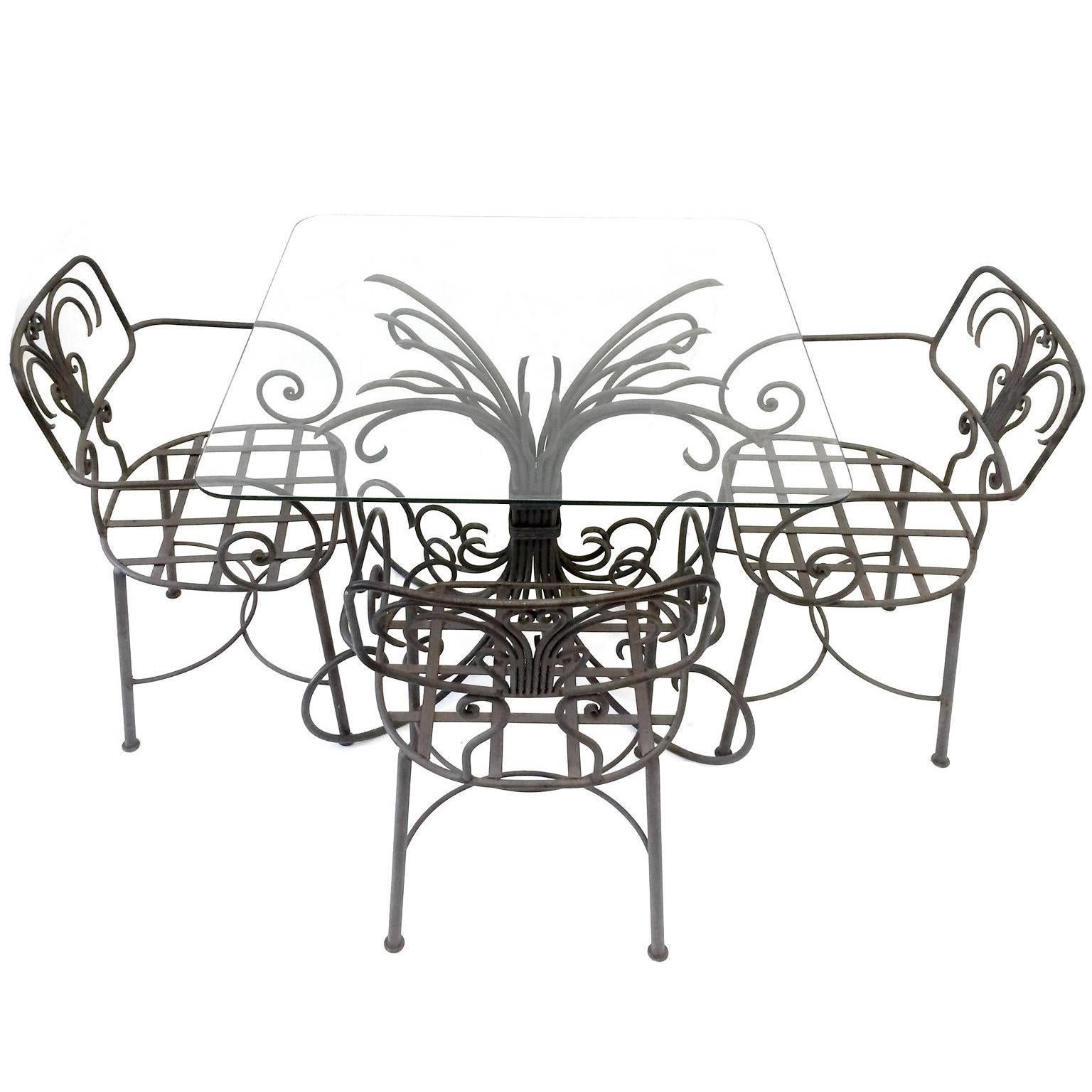 Lovely Curlicue French Style Wrought Iron Garden Patio Set with Glass Table