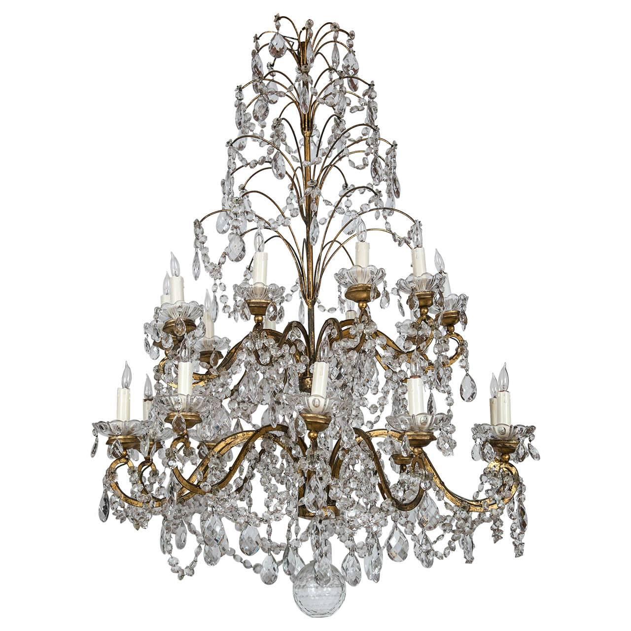 Italian Gilt Metal and Crystal Twenty-Light, Two-Tier Chandelier For Sale