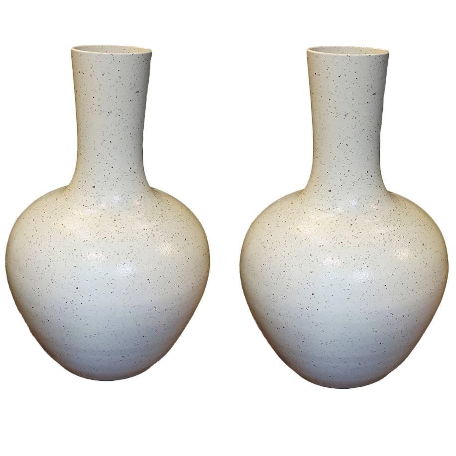 Pair of Vintage Monumental Glazed Chinese Stick Neck Vases