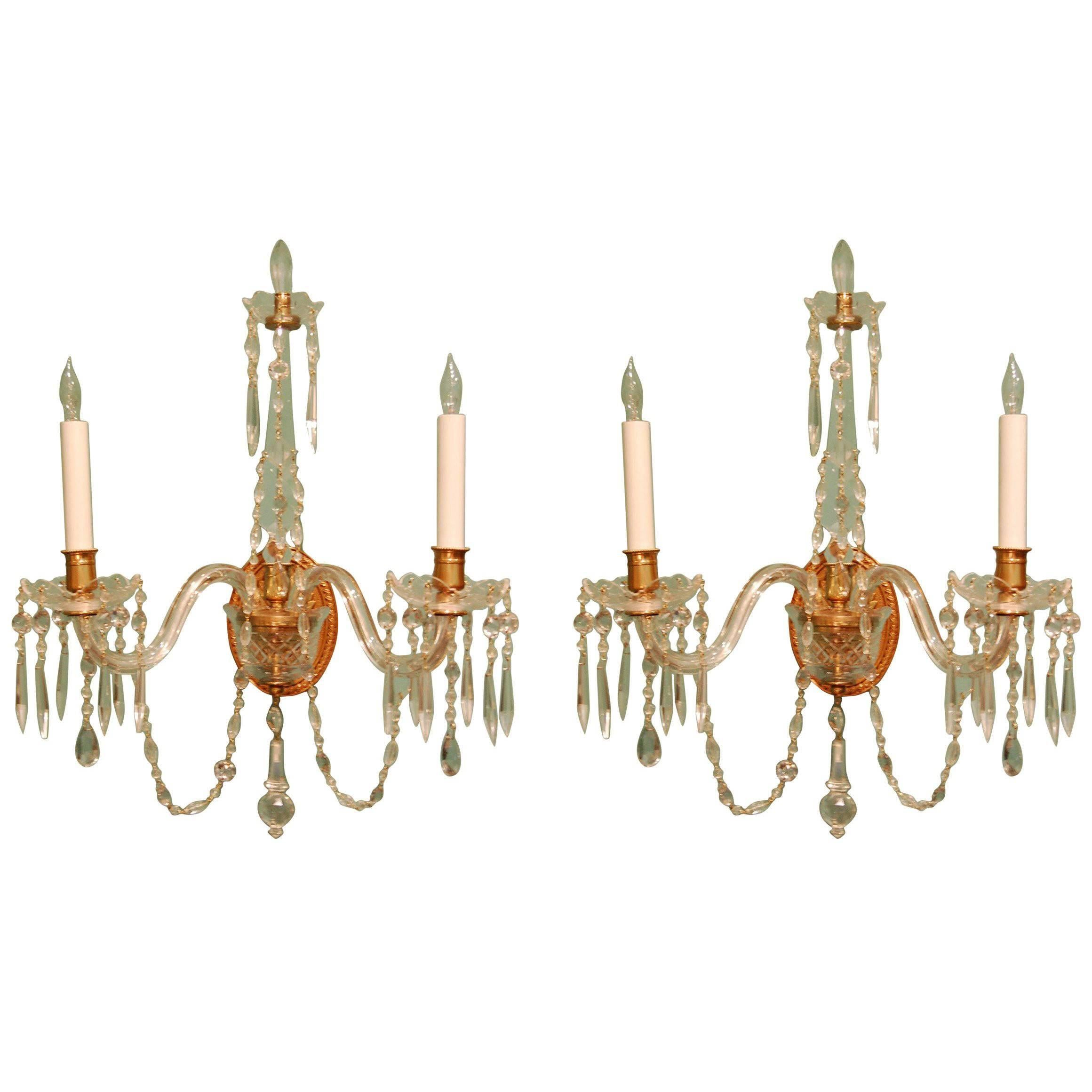 Pair of Crystal Two-Light Wall Sconces with Crystal Drops, Waterford Type, 1920s