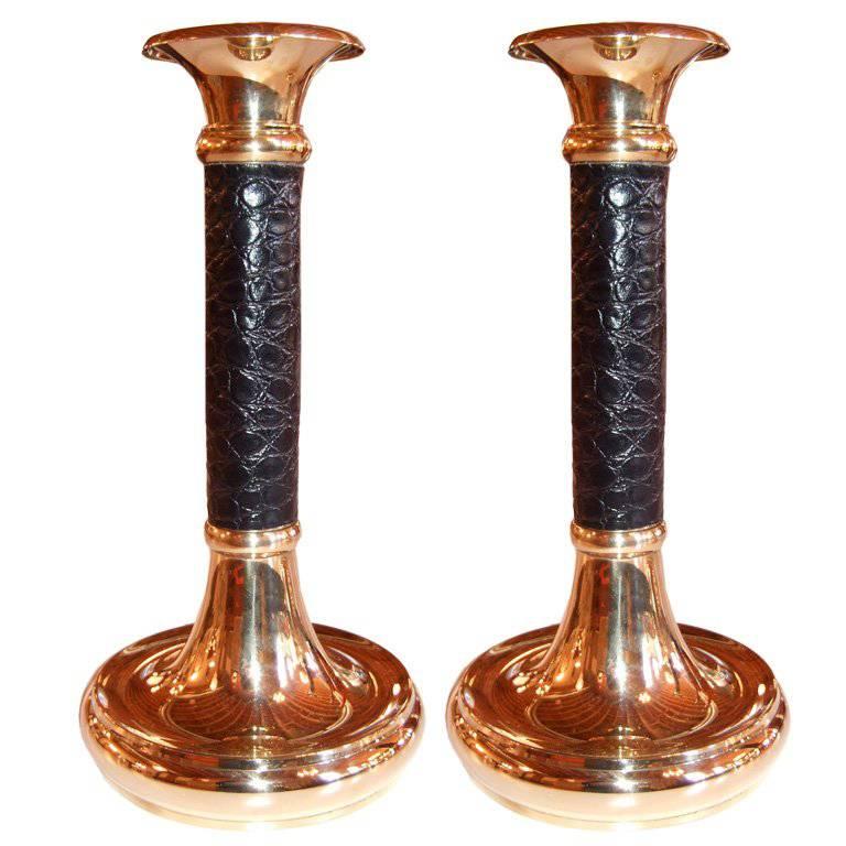 Pair of Brass And Leather Candlesticks For Sale