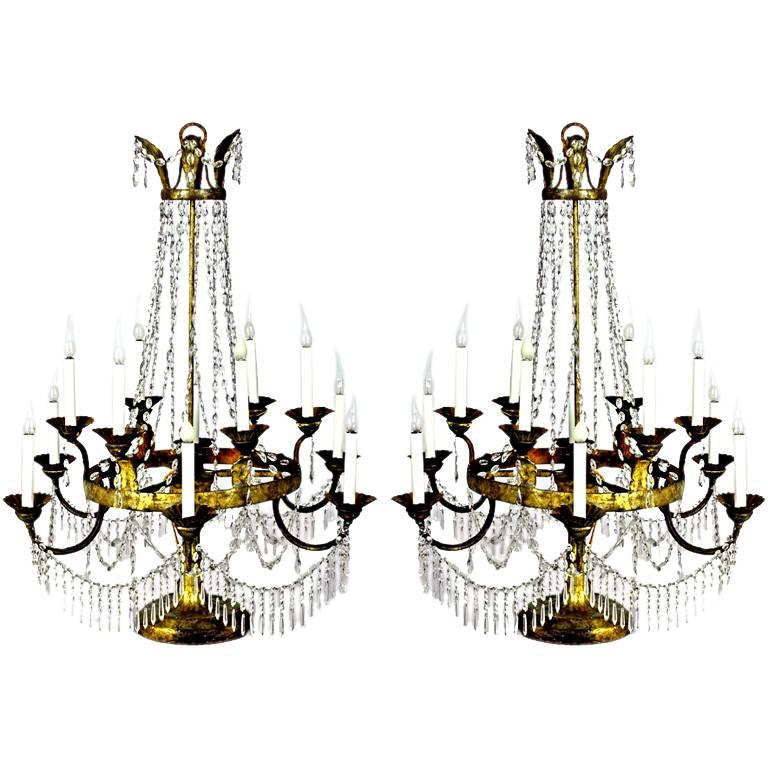 Pair of Italian Crystal, Iron and Giltwood Table Chandeliers, c1780