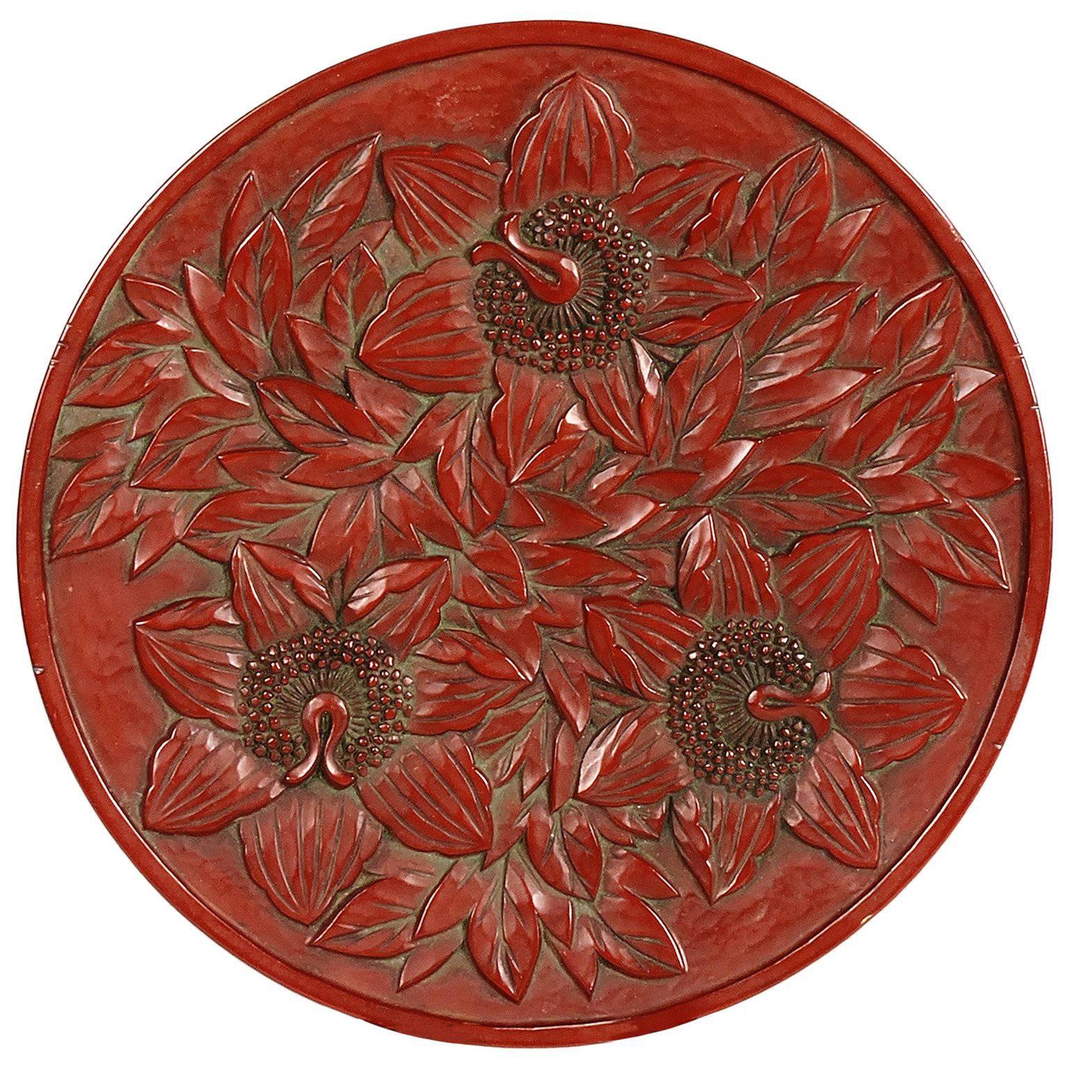 Japanese Kamakura-bori Red Lacquerware Floral Plate For Sale