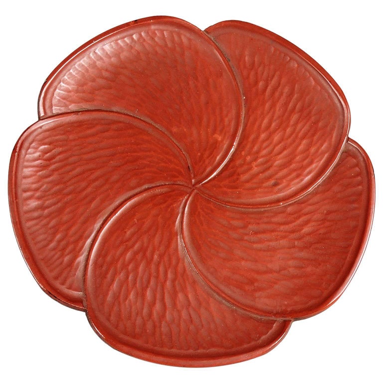 Japanese Kamakurabori Red Lacquerware Floral Plate For Sale at 1stdibs