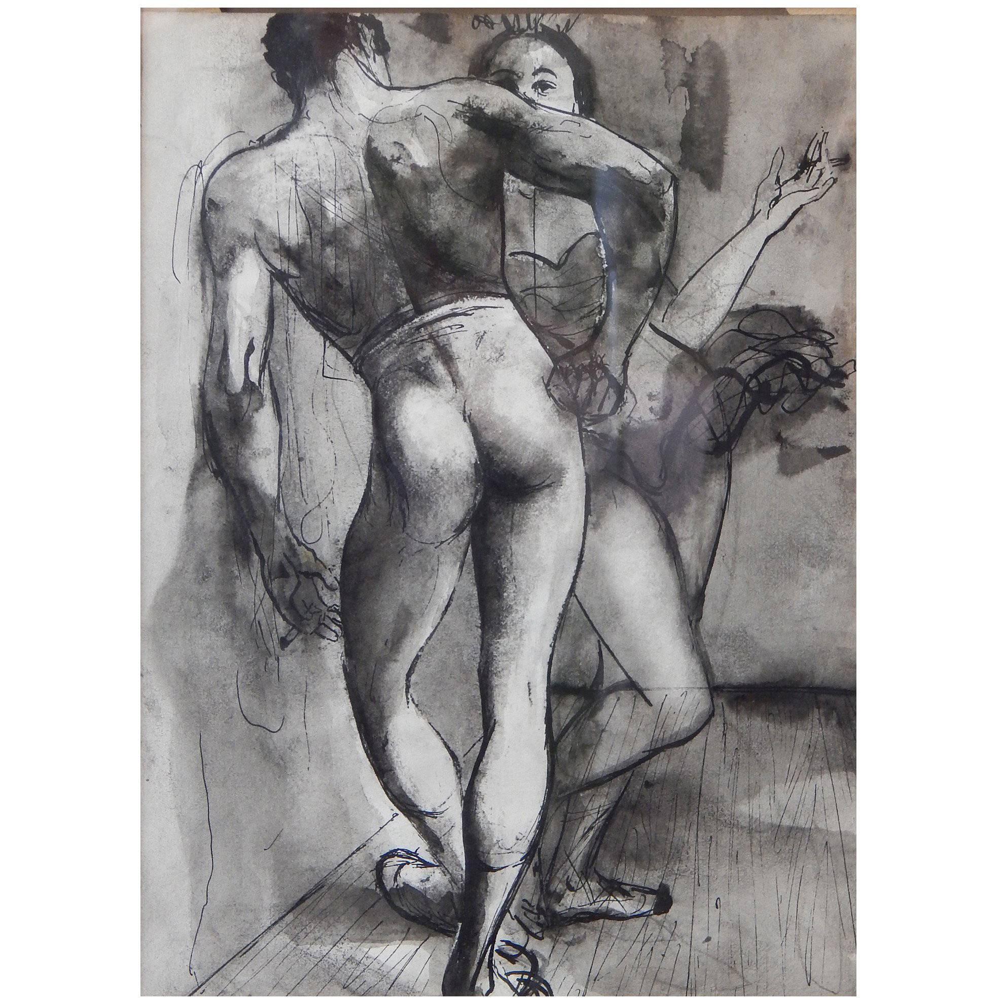 "Ballet Dancers in Conversation, " 1940s Ink Wash Drawing by Rasmussen