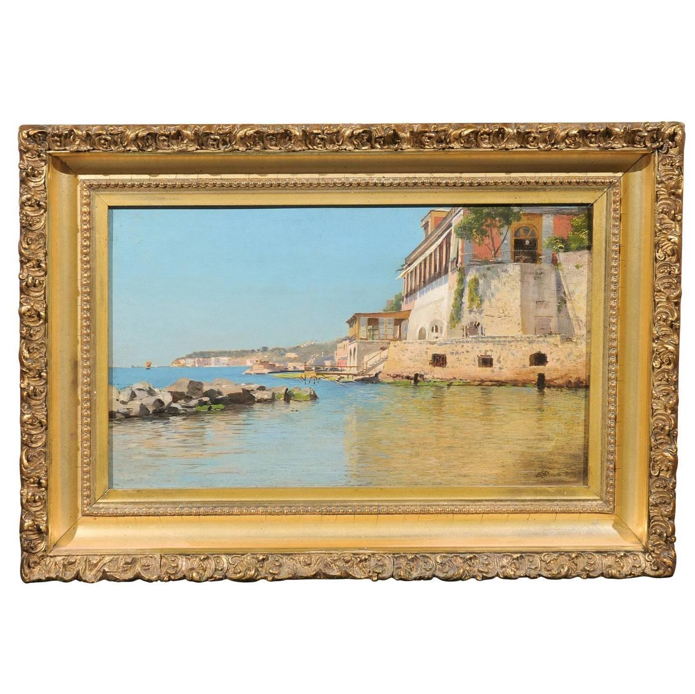 19th Century Continental Coastal Scene Oil Painting on Wood in Giltwood Frame