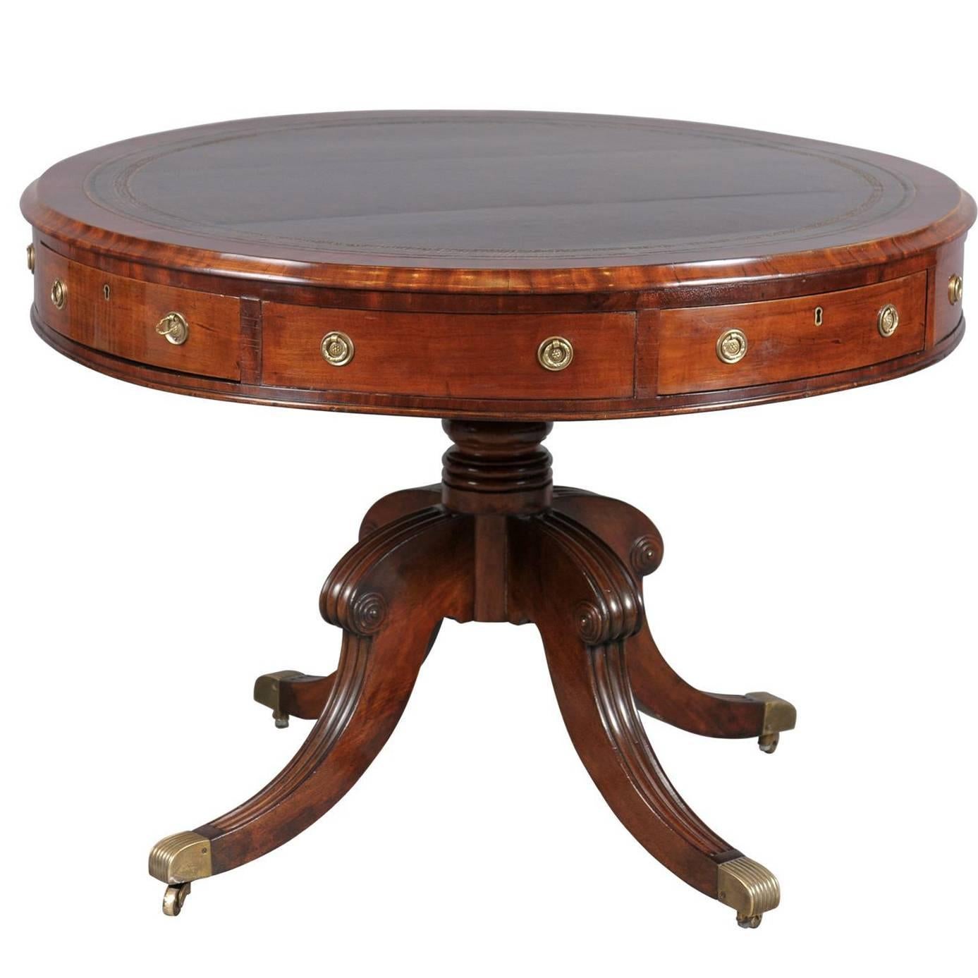 Early 19th Century English Mahogany Drum Table with Brown Leather Top