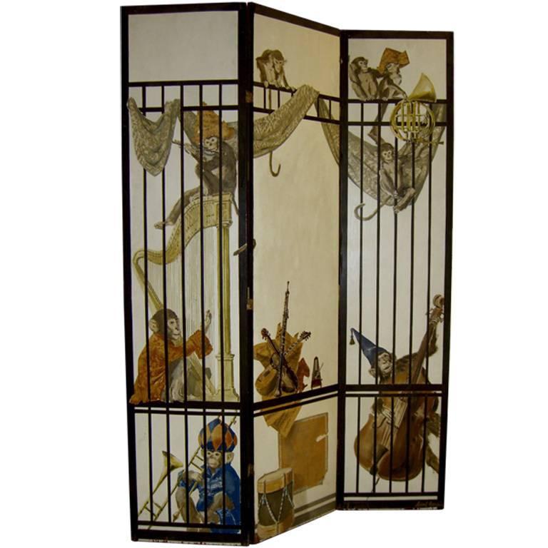 French Hand-Painted Signed Screen Background with Monkeys in a Band