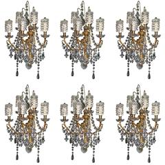 Set of Six Antique Louis XVI Style Gilt Bronze and Cut Crystal Wall Sconces 3