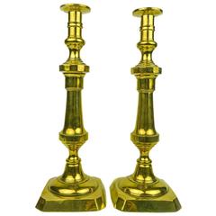 Antique Pair of Very Tall English Brass “Push Up” Candlesticks, circa 1875