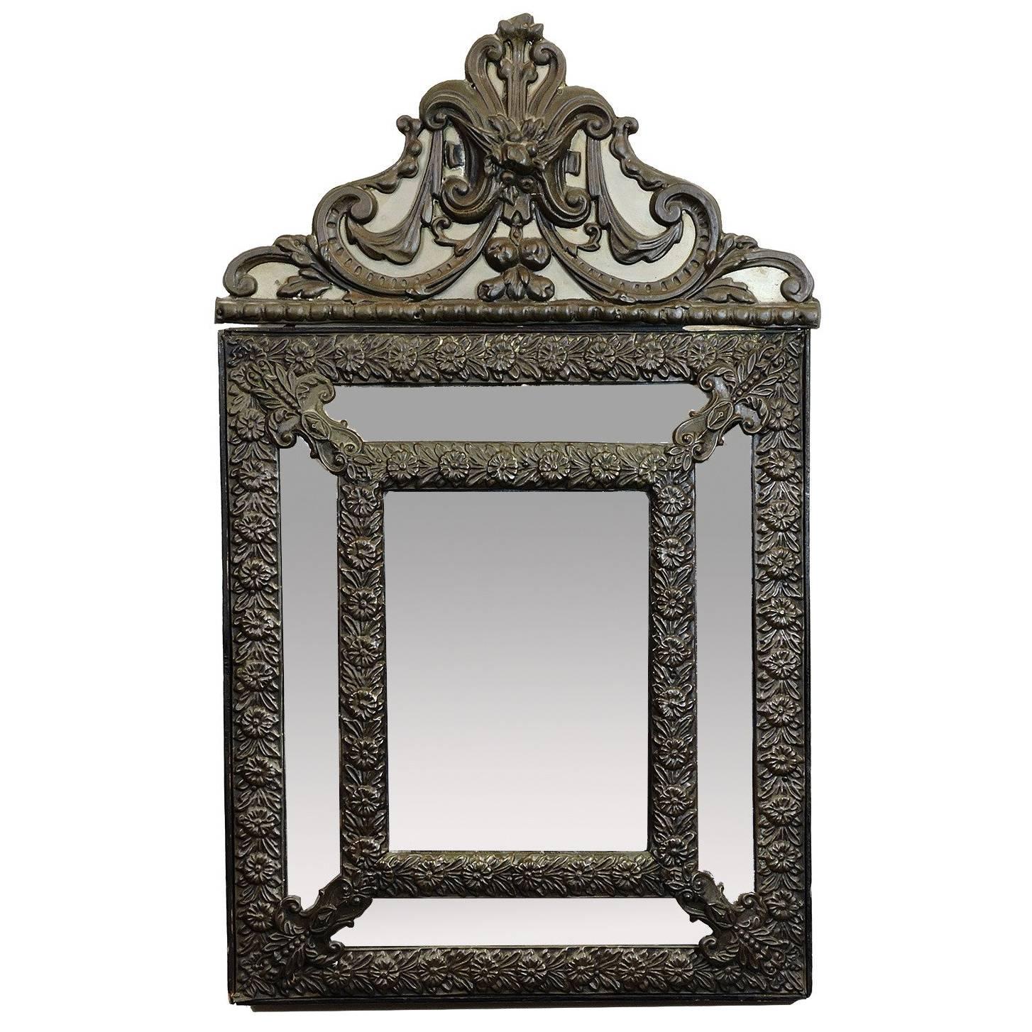 19th Century, French Embossed Brass and Beveled Glass "Parecloses" Mirror For Sale