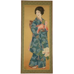 Japanese Bijin-ga Painting of Woman in Period Kimono, Taisho Period, circa 1920