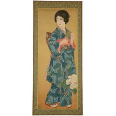 Peinture japonaise Bijin-ga représentant une femme dans un kimono d'époque, période Taisho, datant d'environ 1920