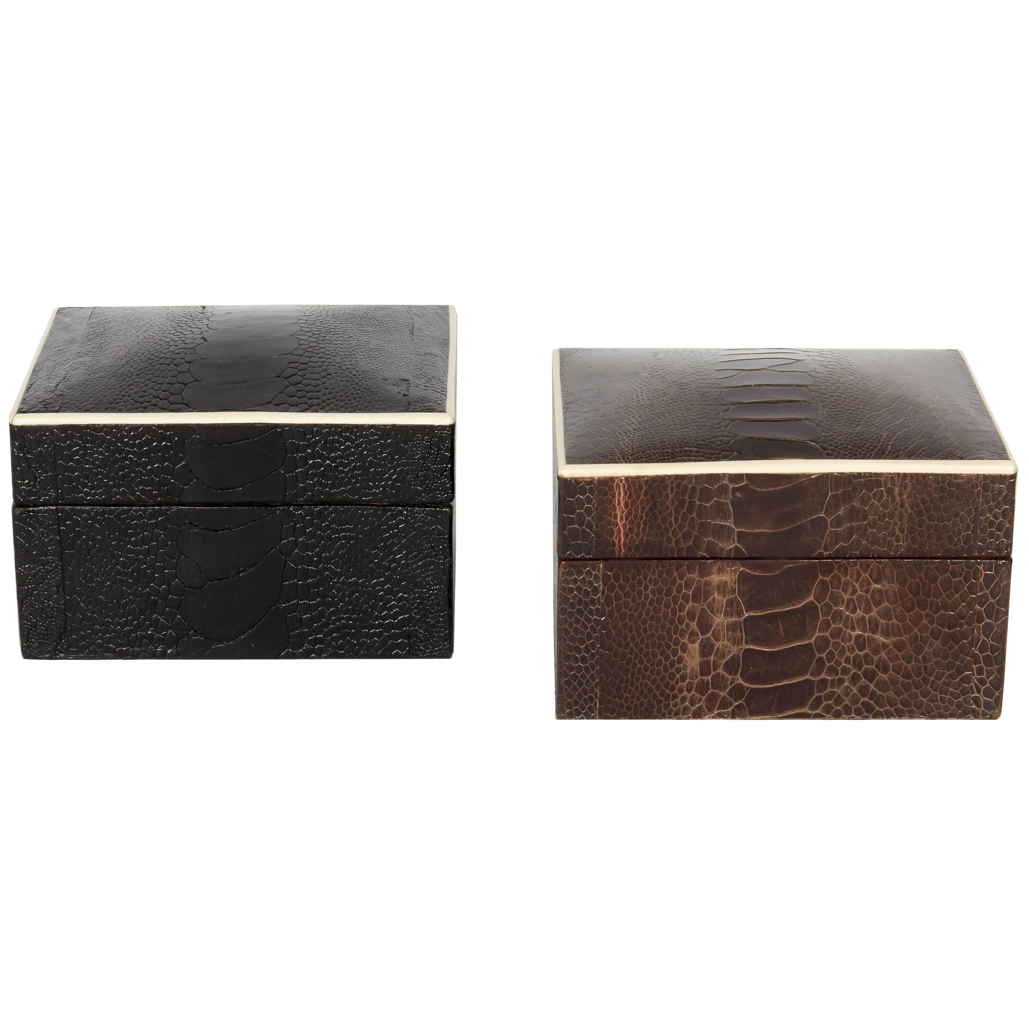 Pair Exotic Ostrich Leather Decorative Boxes with Bone Inlay in Black & Brown 