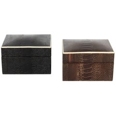 Pair Exotic Ostrich Leather Decorative Boxes with Bone Inlay in Black & Brown 