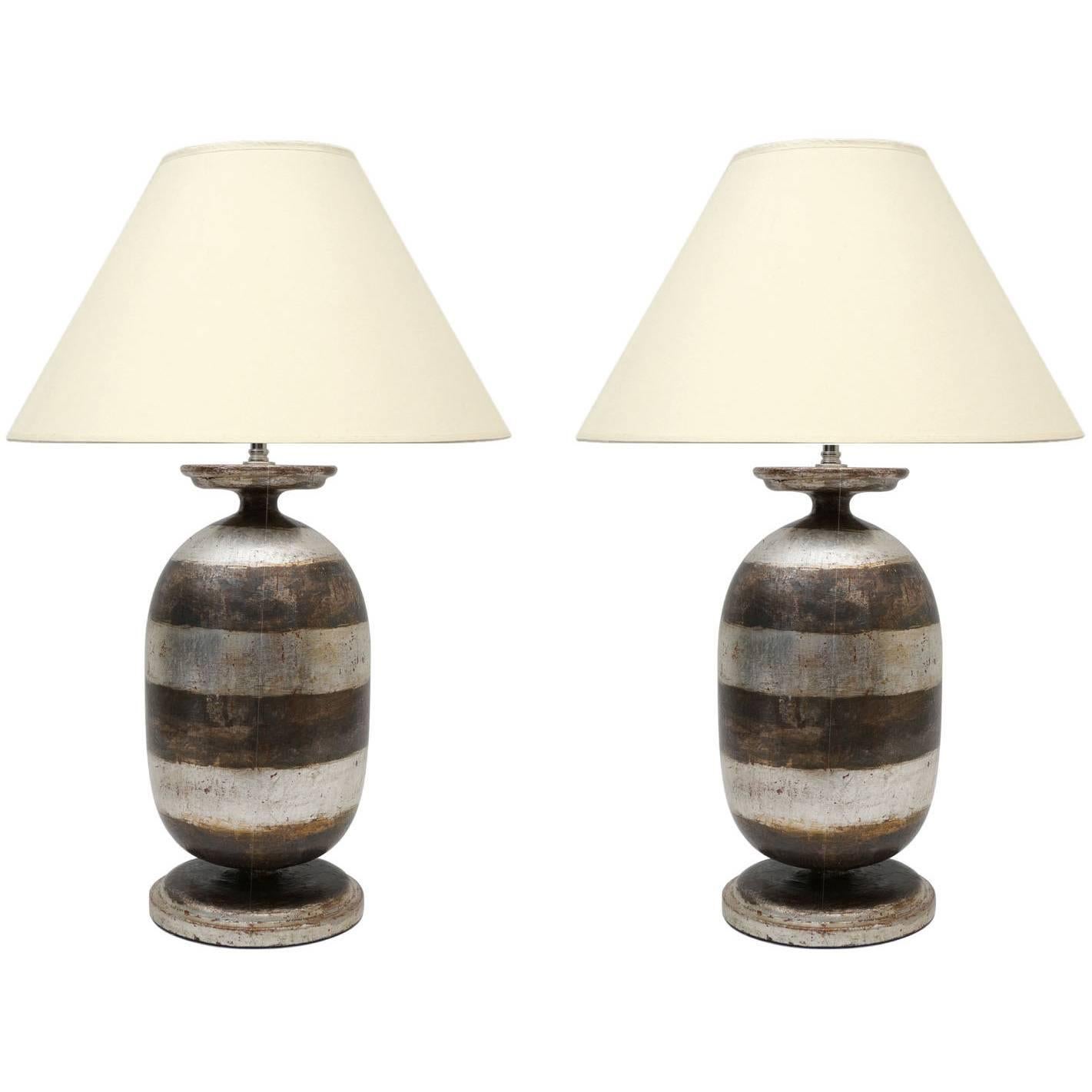 Pair of Striped Silver Giltwood Urn Table Lamps, Italian For Sale