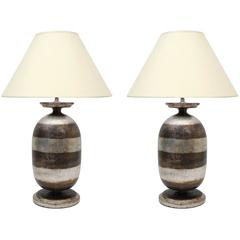 Pair of Striped Silver Giltwood Urn Table Lamps, Italian