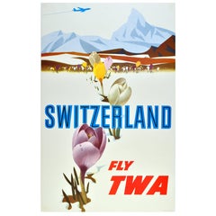 Original Vintage Travel Advertising Poster by David Klein, Switzerland Fly TWA