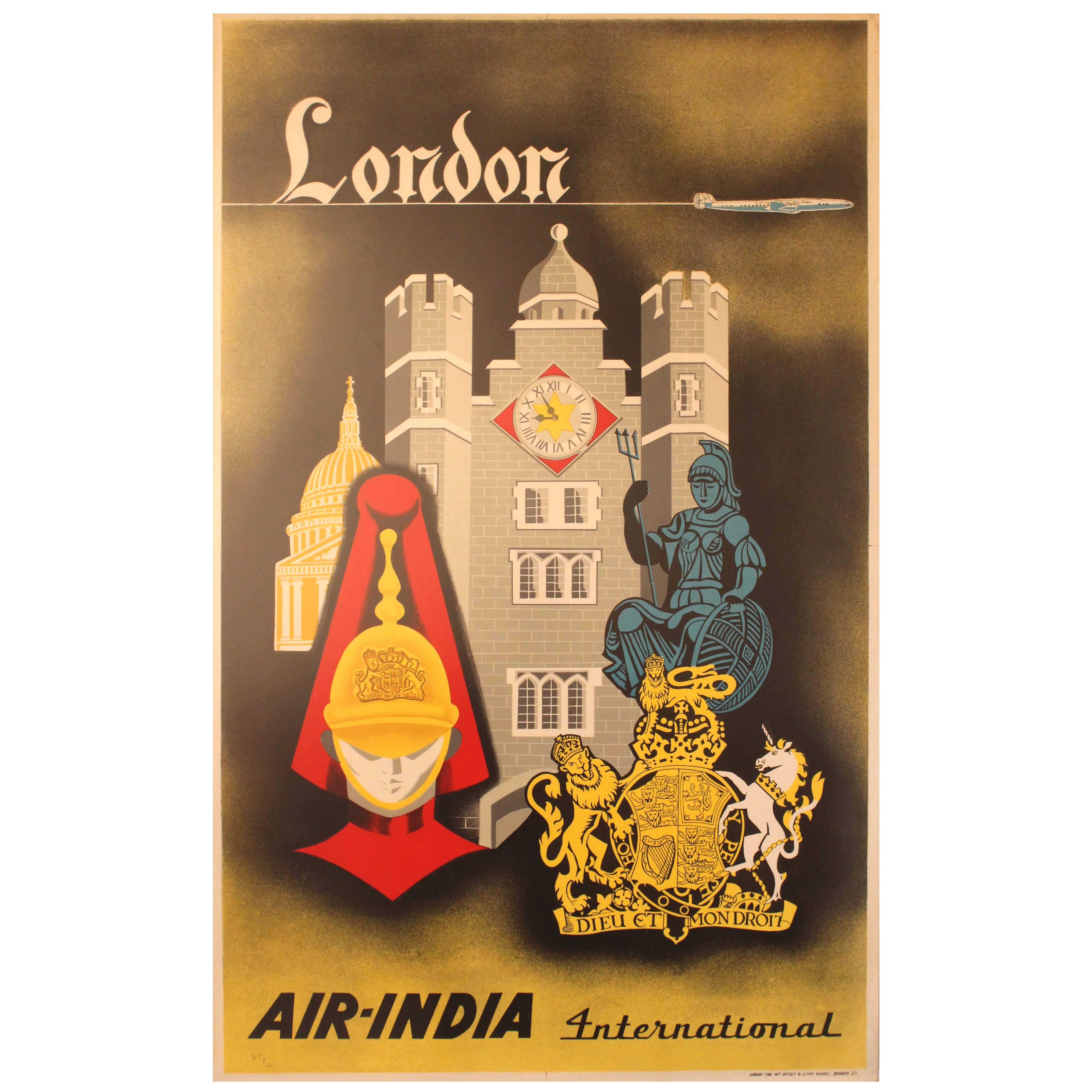 Original Vintage Travel Advertising Poster for London by Air India International