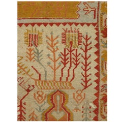 Antique Oushak Carpet, Handmade Oriental Rug, Pale Blue Green, Yellow, Coral Rug