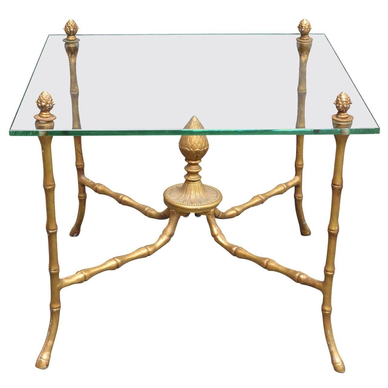 Gilded Faux Bamboo Brass and Glass Accent Table