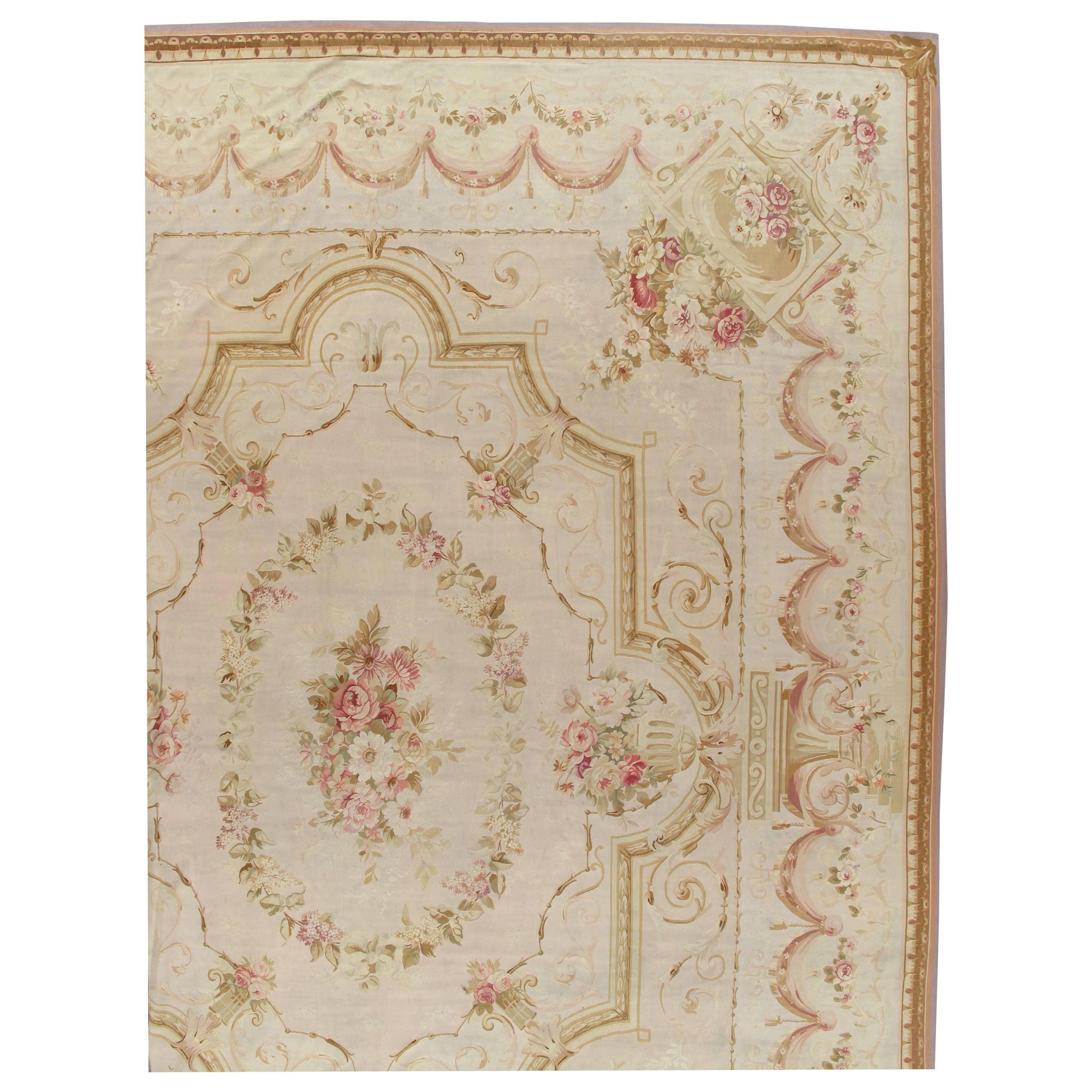 Tapis français ancien d'Aubusson, rose pâle fin, rose, taupe, tapis élégant