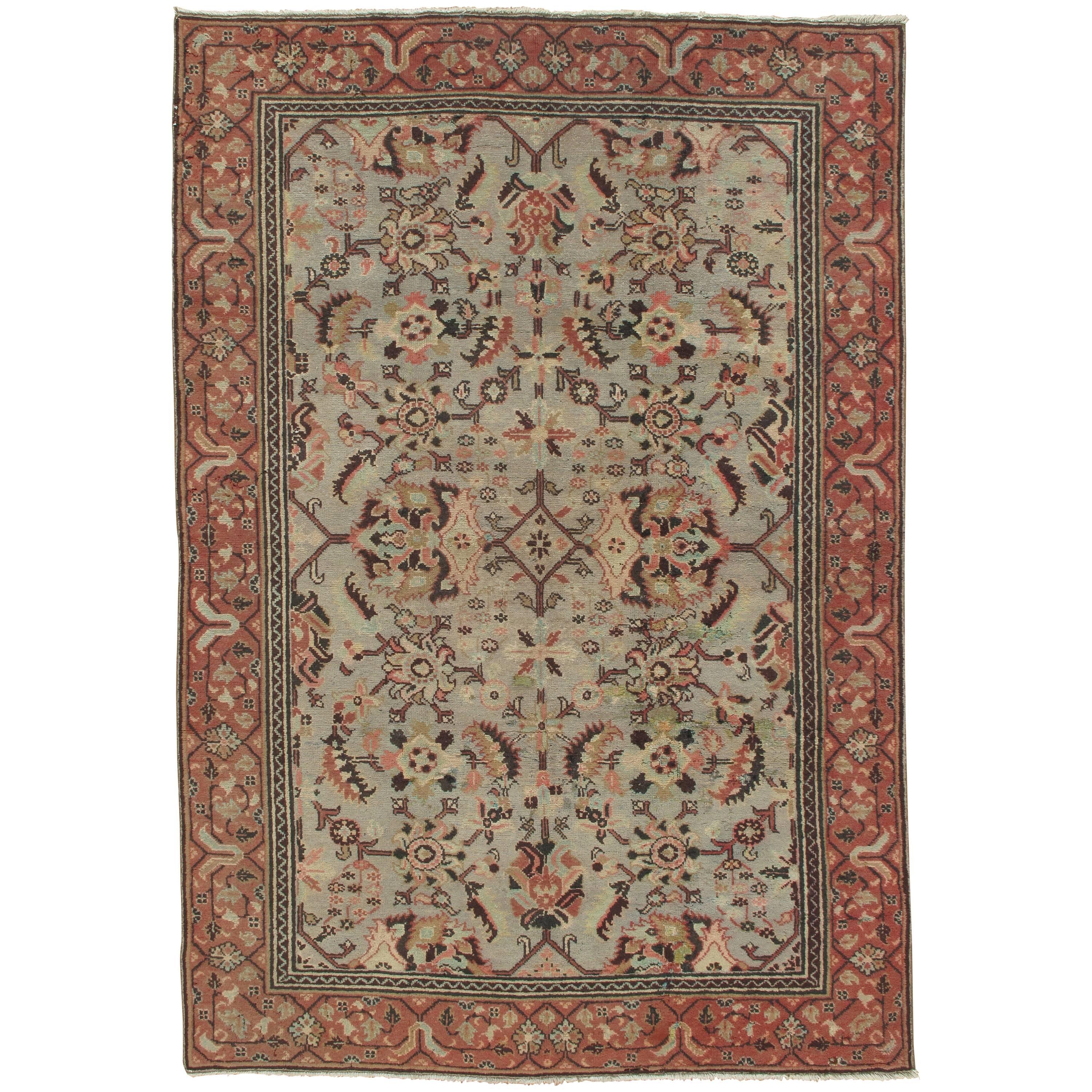 Antiker antiker Oushak-Teppich, handgefertigter Orientteppich, blassblau, korallenroter Taupe, cremefarbener Fein