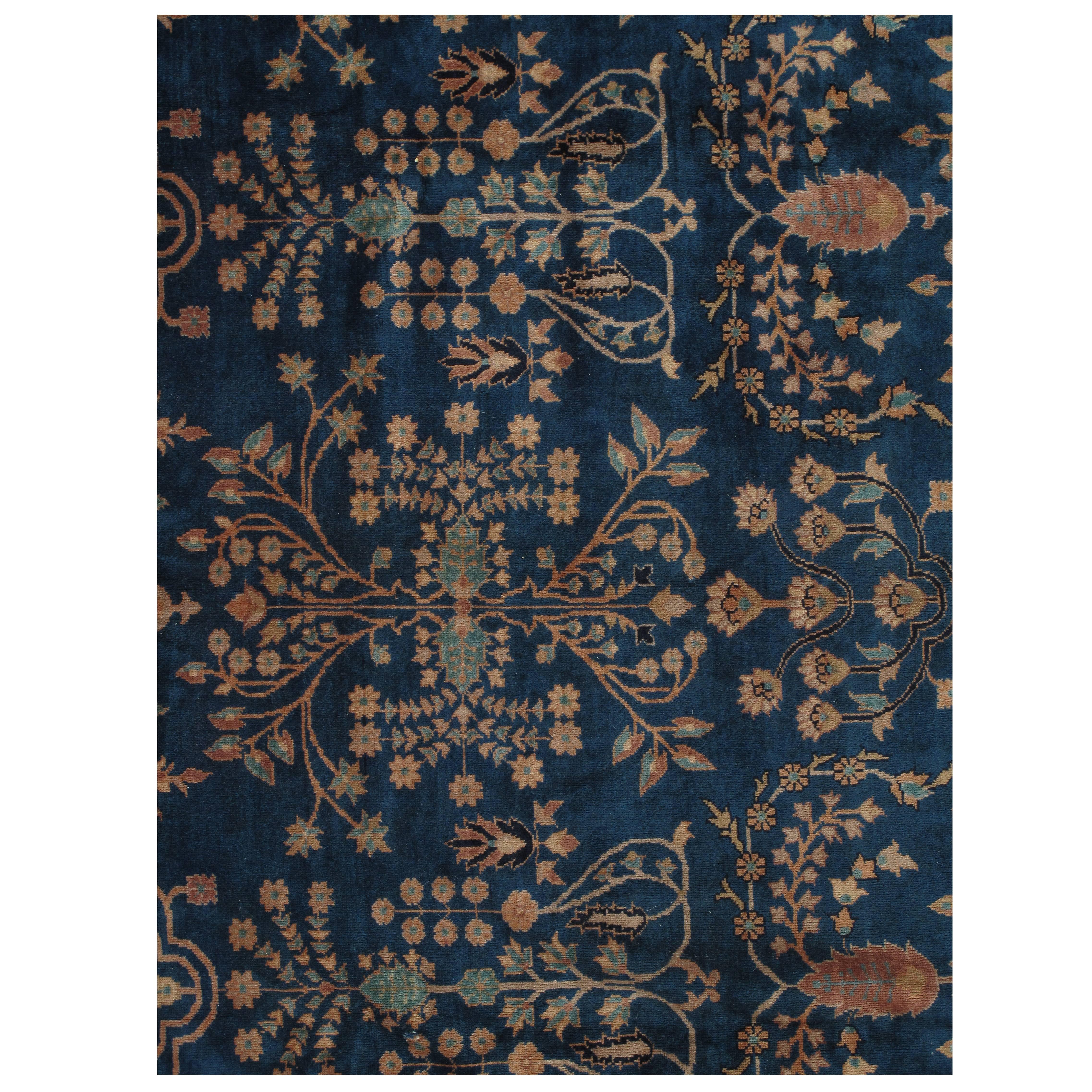 Antique Indian Agra Carpet, Handmade Oriental Rug, Blue, Gold, Ivory, Allover