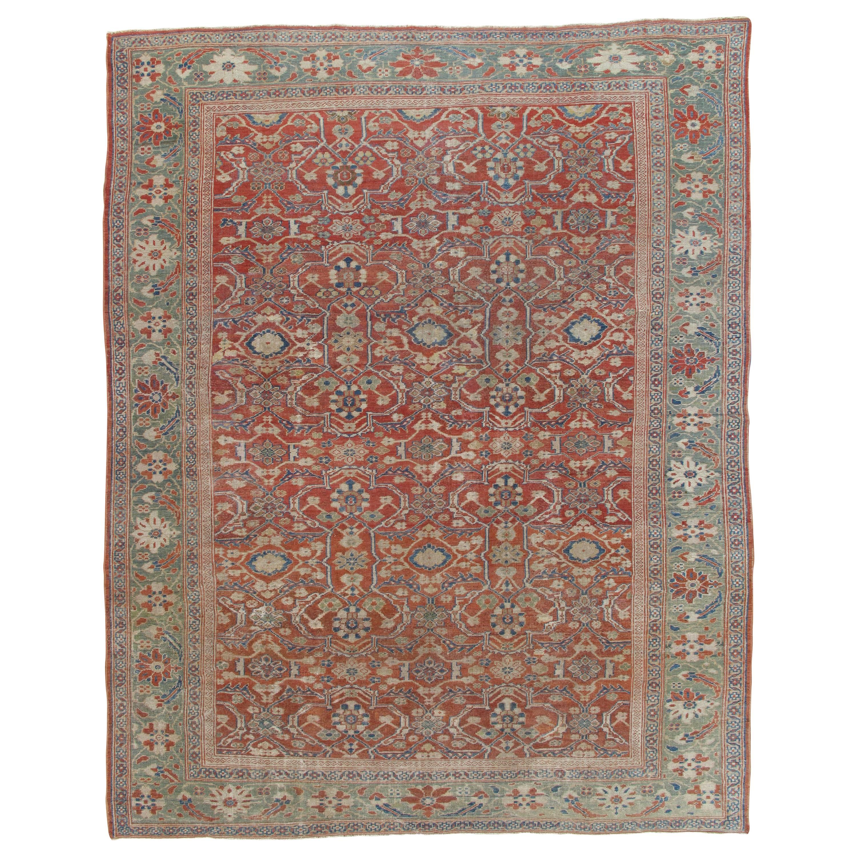 Antique Persian Sultanabad Carpet, Handmade Oriental Rug, Light Blue, Red, Green For Sale