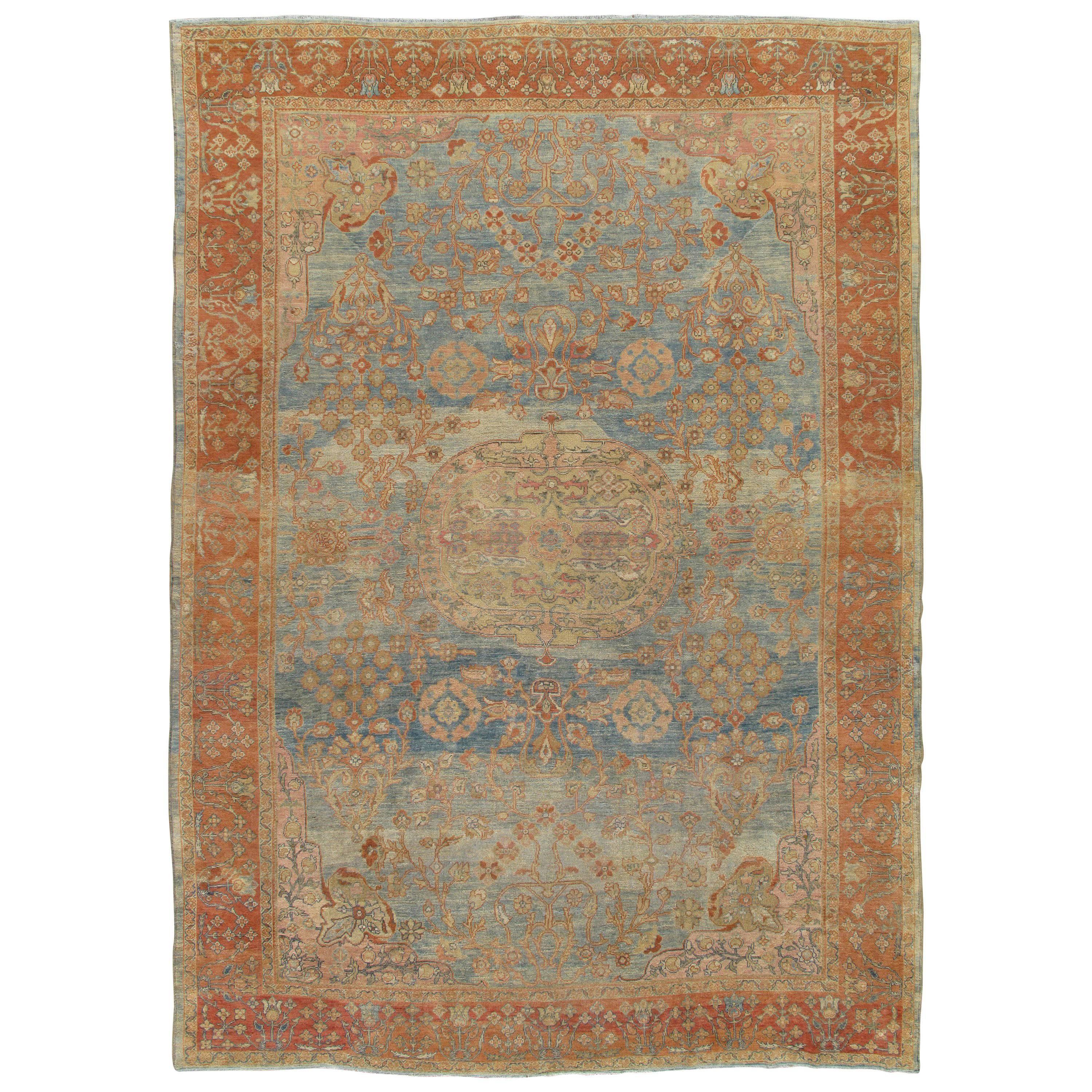 Antique Sultanabad Carpet, Handmade Oriental Rug, Light Blue Wool Persian Carpet